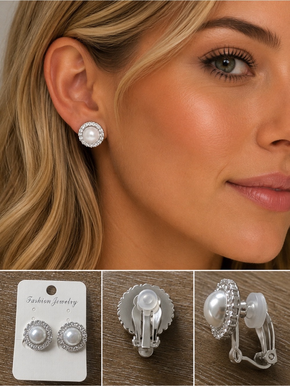 Classic Pearl Halo Clip-On Earrings - Silver White